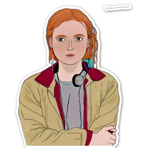 An orange haired girl wearing headphones is wearing a brown jacket.