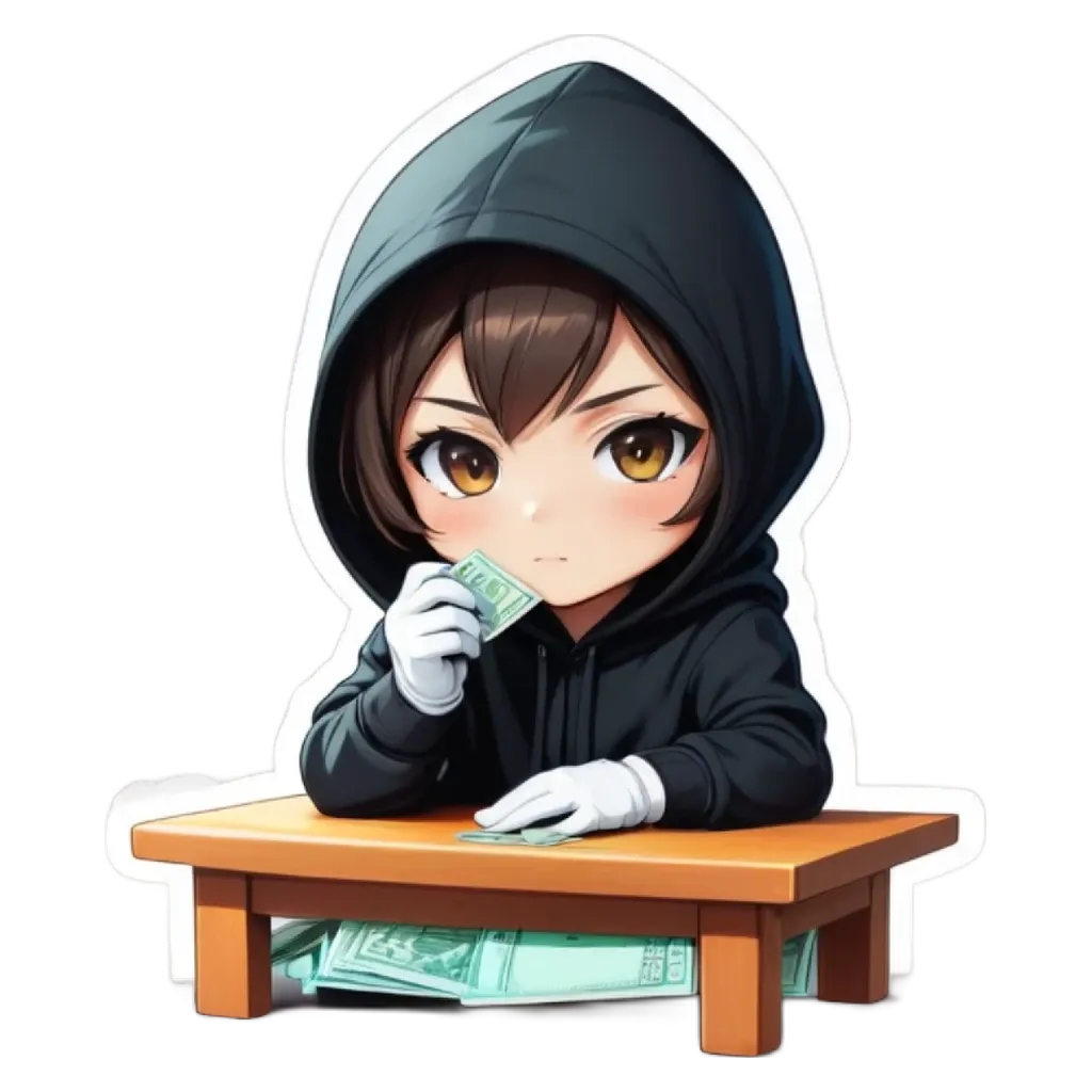 A girl is sitting at a table with a bunch of money.