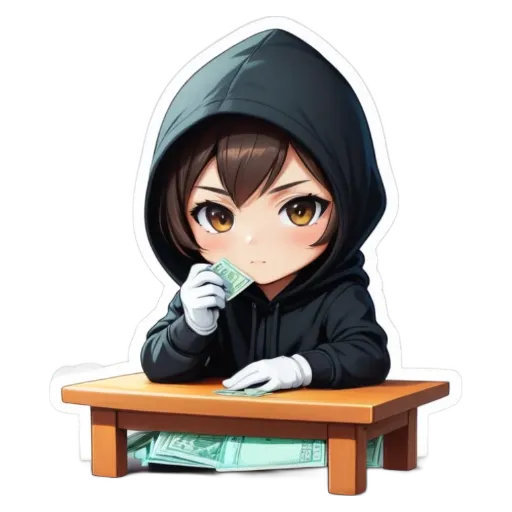 A girl is sitting at a table with a bunch of money.