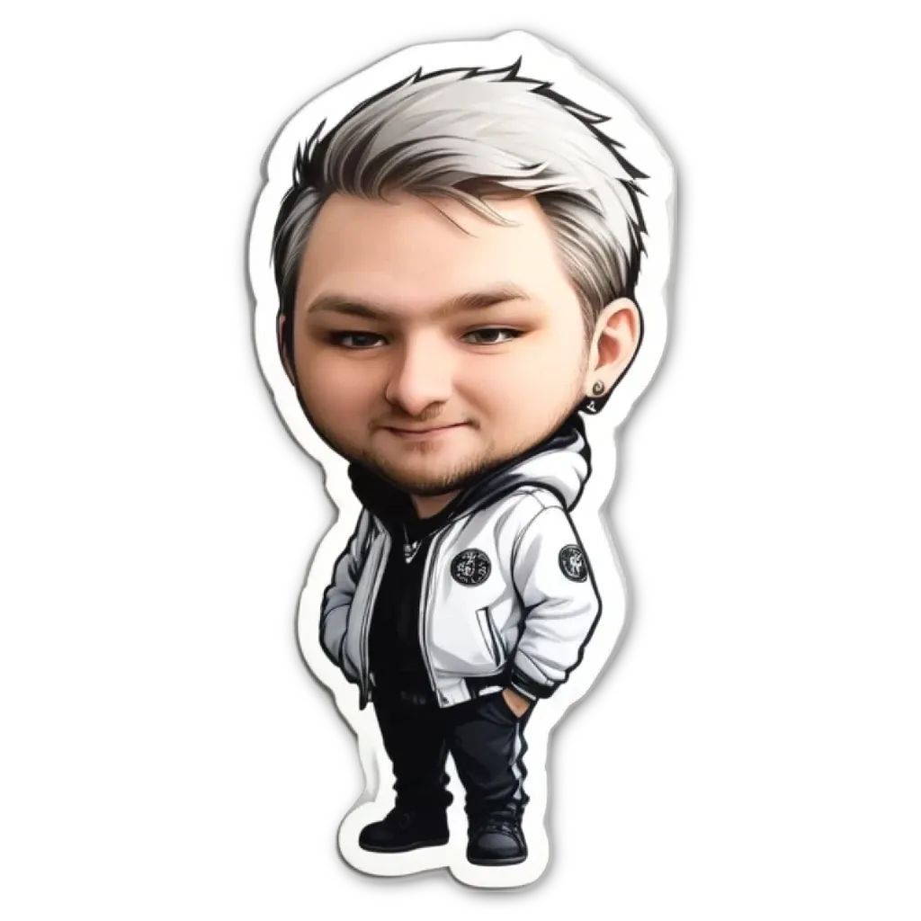 A boy is wearing a white jacket and black pants.
