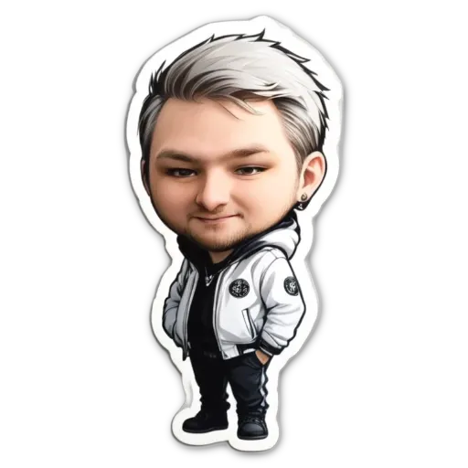 A boy is wearing a white jacket and black pants.