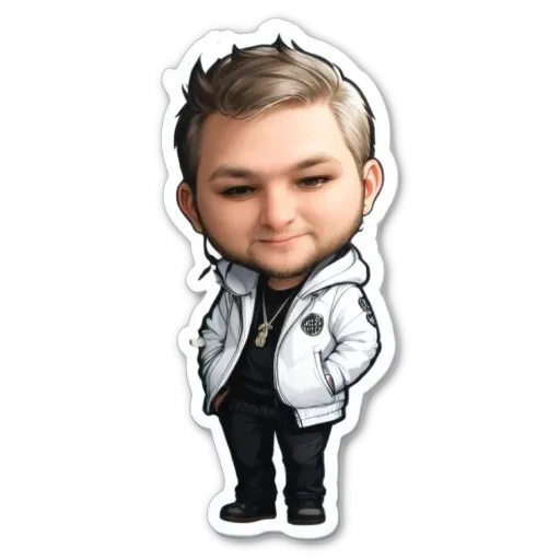 A sticker of a man wearing a white jacket.