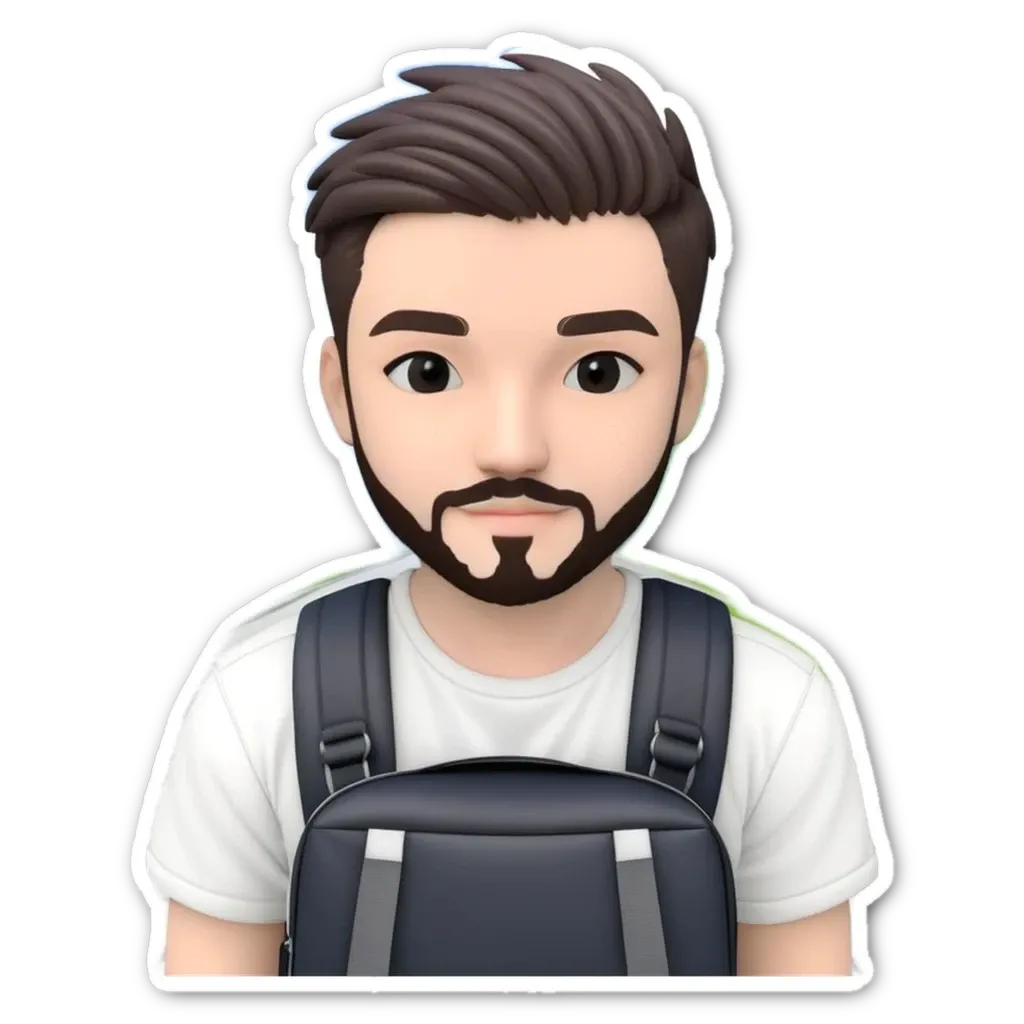 A sticker of a man with a beard and back pack.