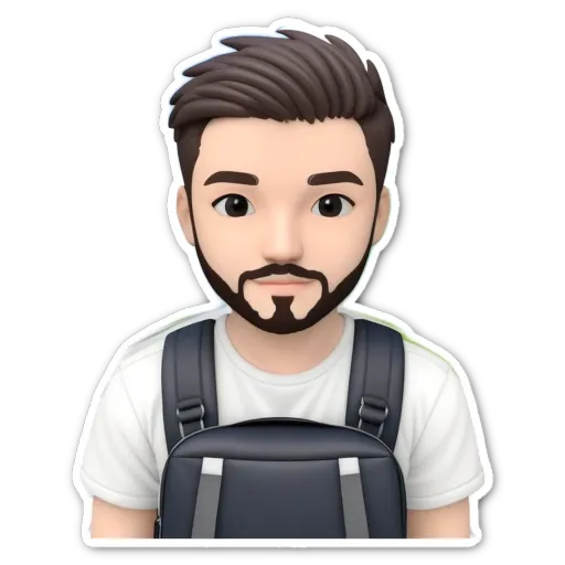 A sticker of a man with a beard and back pack.