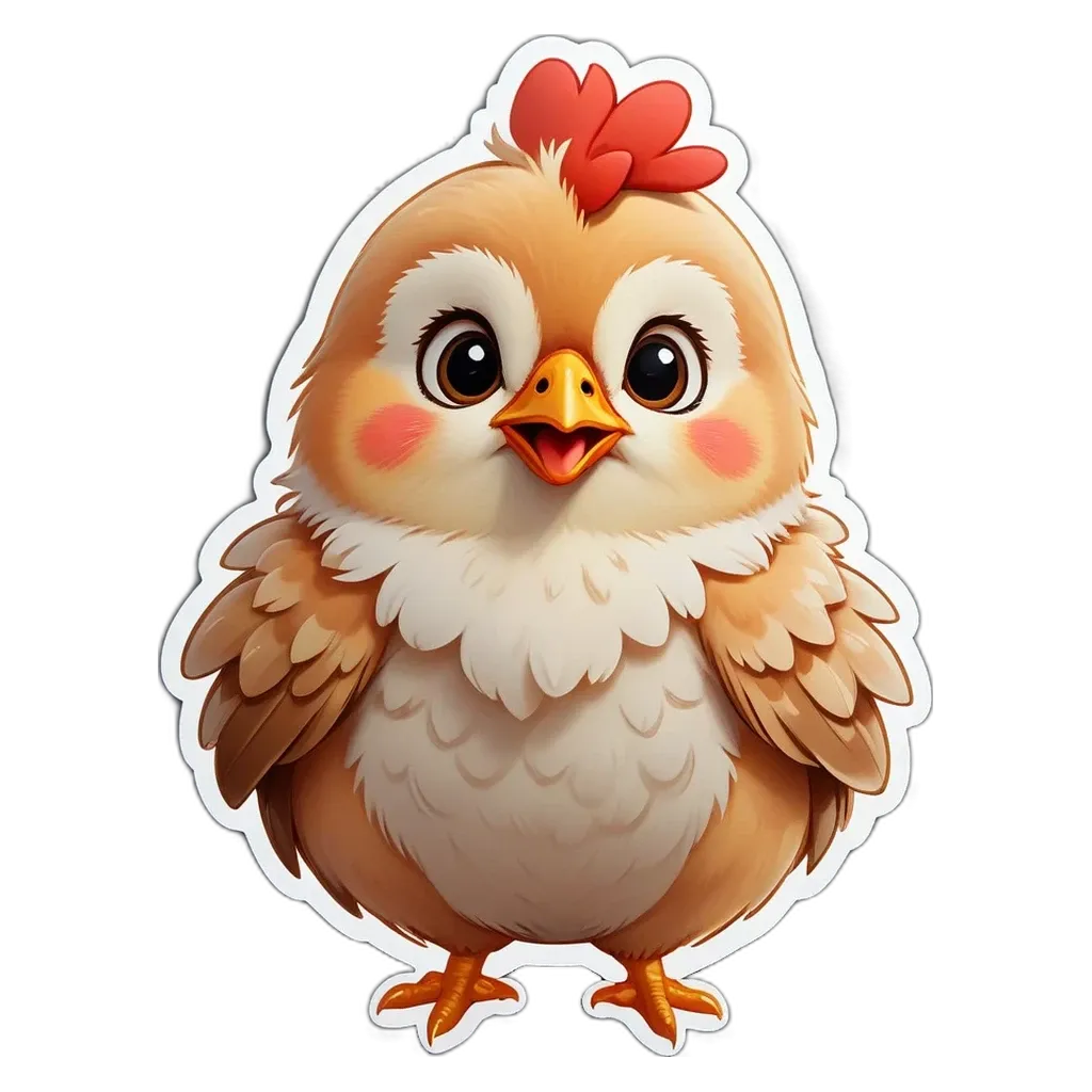 A cartoon chicken that is brown and white.