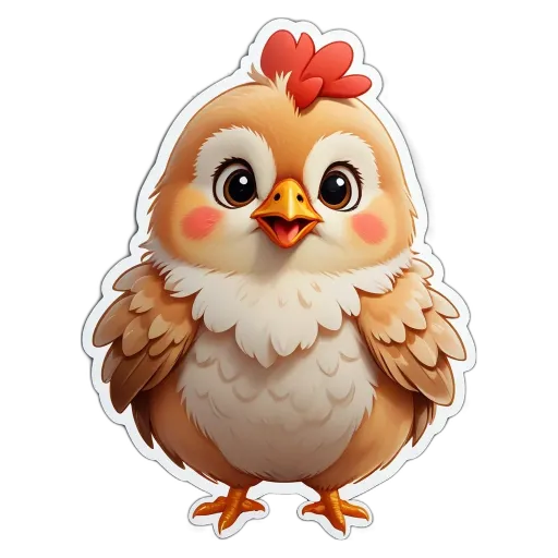 A cartoon chicken that is brown and white.