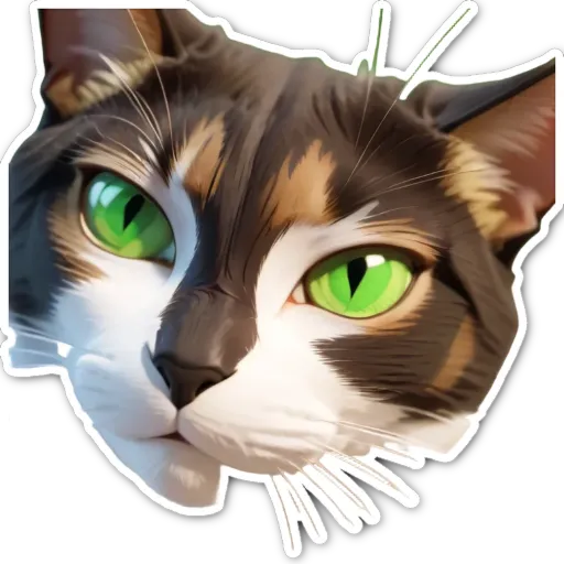 A black, brown and white cat with green eyes.