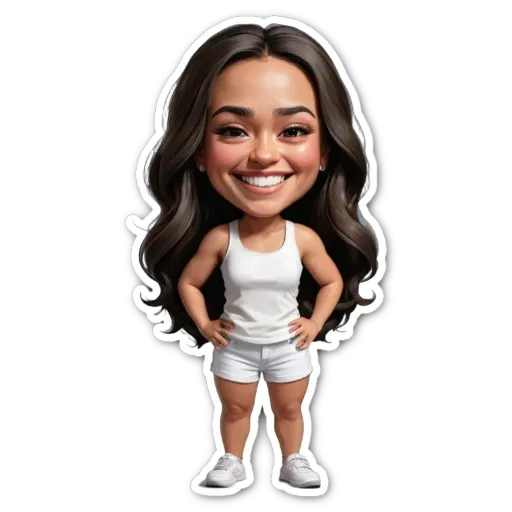 A girl is standing with her hands on her hips in front of a black background.