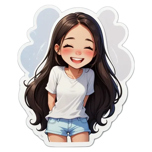 A girl with a white shirt and blue shorts is smiling.
