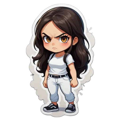 A girl is wearing white and black and has a frown on her face.