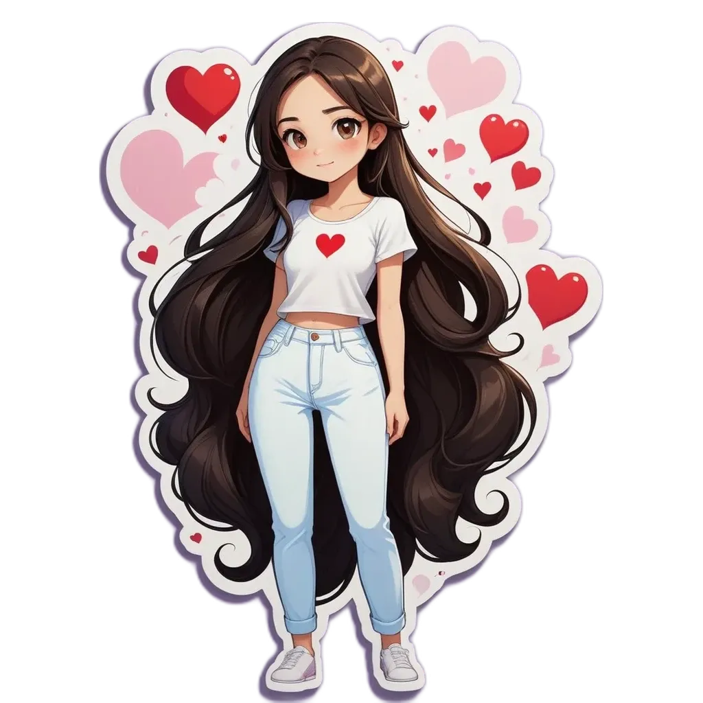A girl with long hair and a white shirt that has a heart on it.