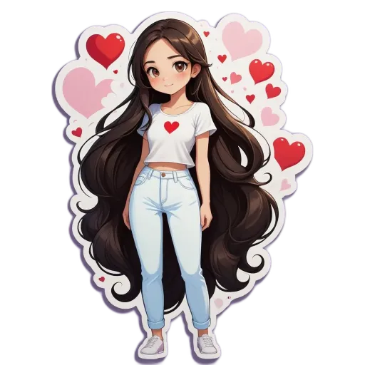 A girl with long hair and a white shirt that has a heart on it.