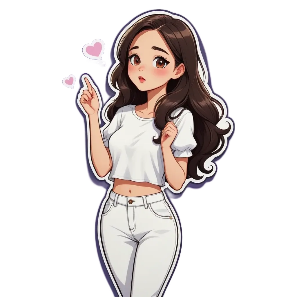 A girl wearing a white top and jeans holding up one finger with a heart.