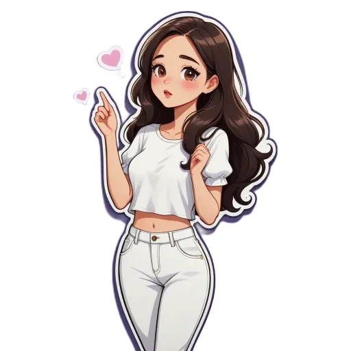 A girl wearing a white top and jeans holding up one finger with a heart.