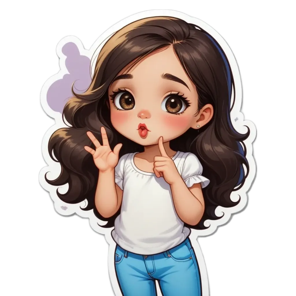 A sticker of a girl that is saying the number 5.