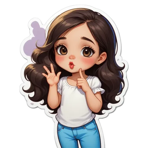 A sticker of a girl that is saying the number 5.