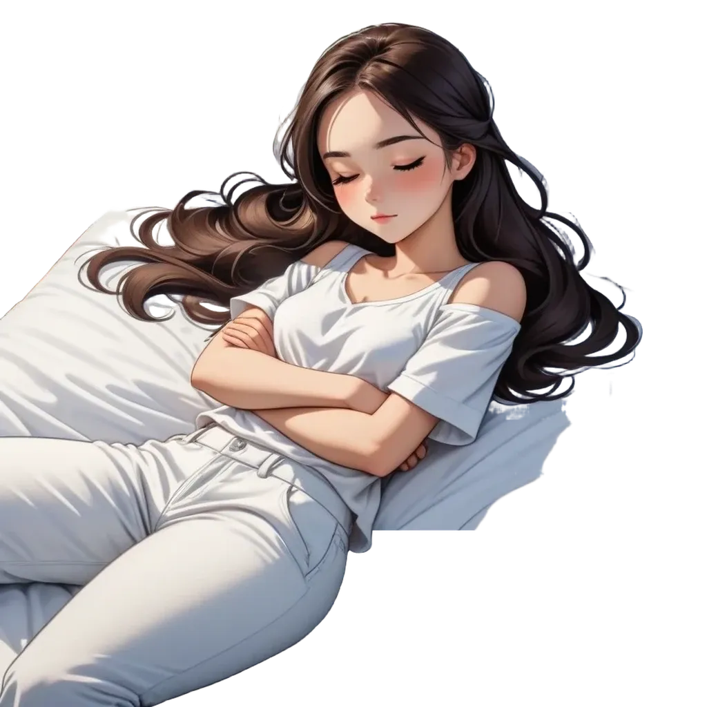 A woman in a white shirt sleeping on a bed.
