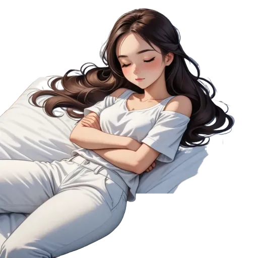 A woman in a white shirt sleeping on a bed.