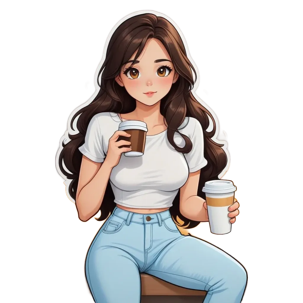 A woman drinking from a coffee cup is shown with a sticker of her face.
