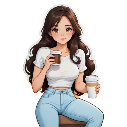 A woman drinking from a coffee cup is shown with a sticker of her face.