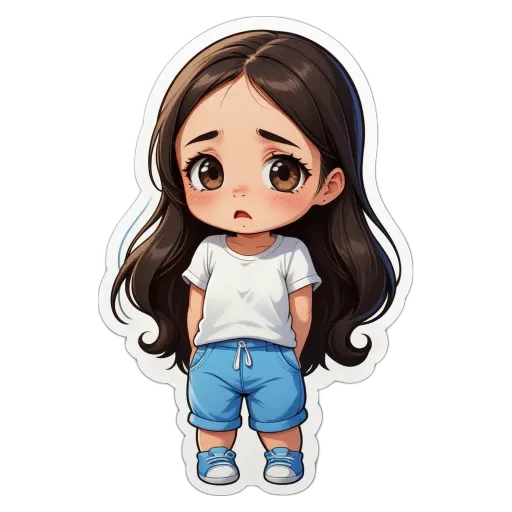 A girl with a white shirt and blue shorts standing with her hands in her pockets.
