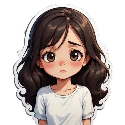 A girl with a white shirt looking down with her eyes watering.