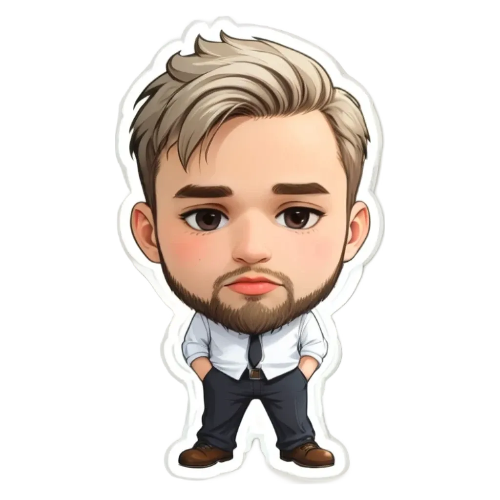 A sticker of a man with a beard and white shirt.