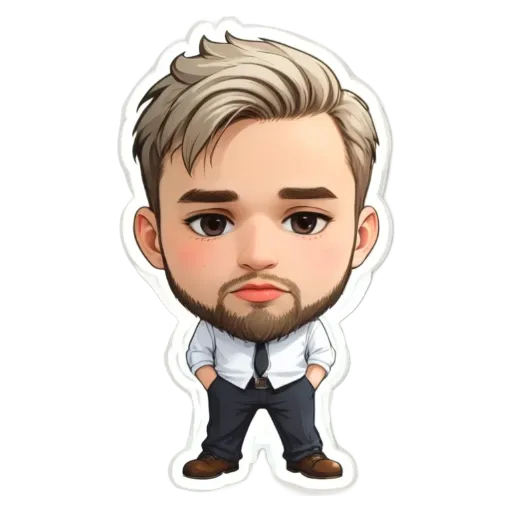 A sticker of a man with a beard and white shirt.