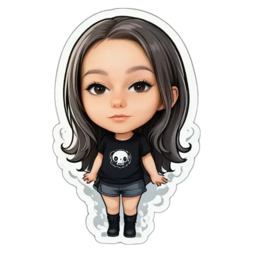 A girl with a skull on her shirt is standing in front of a black background.