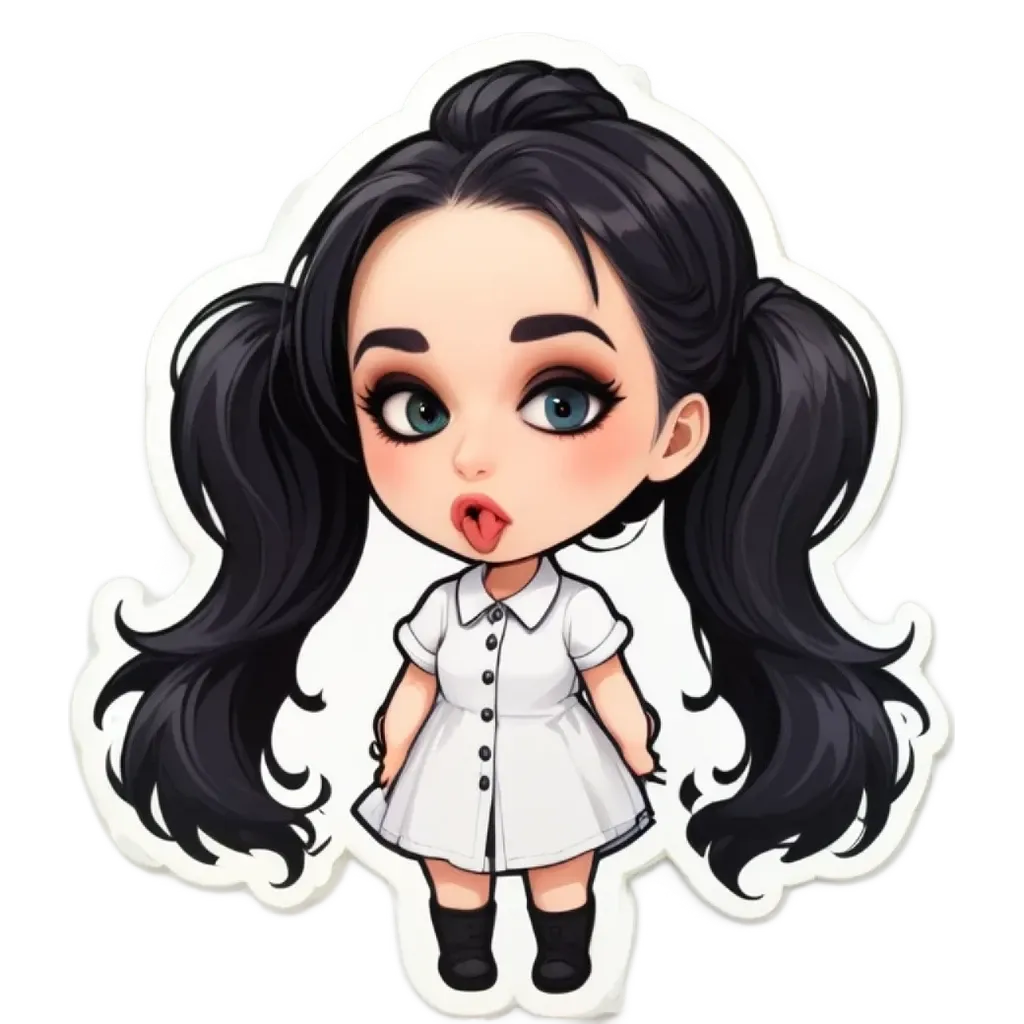 A girl with her tongue out is standing in a white dress.