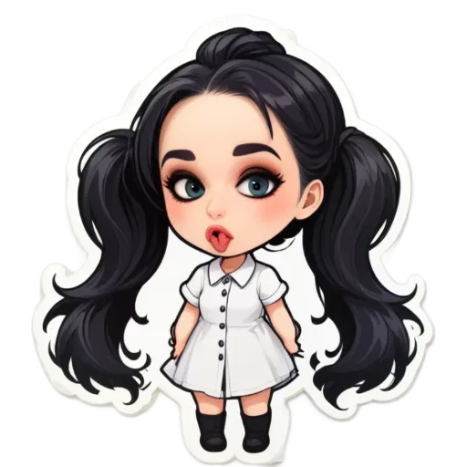 A girl with her tongue out is standing in a white dress.