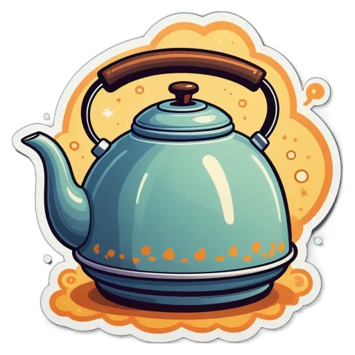 A cartoon blue teapot with a yellow background.