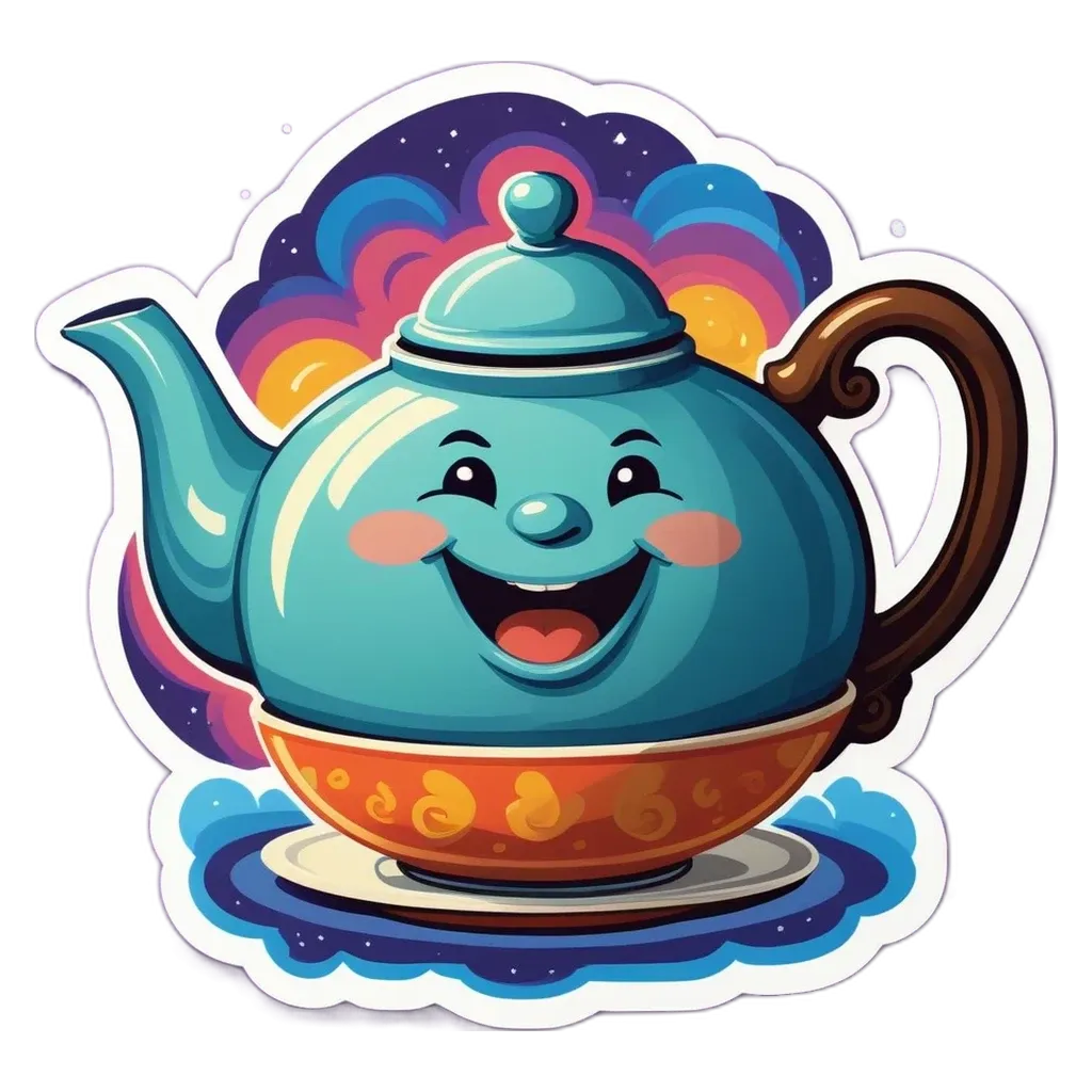A cartoon blue teapot is sitting on a plate.