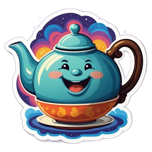 A cartoon blue teapot is sitting on a plate.