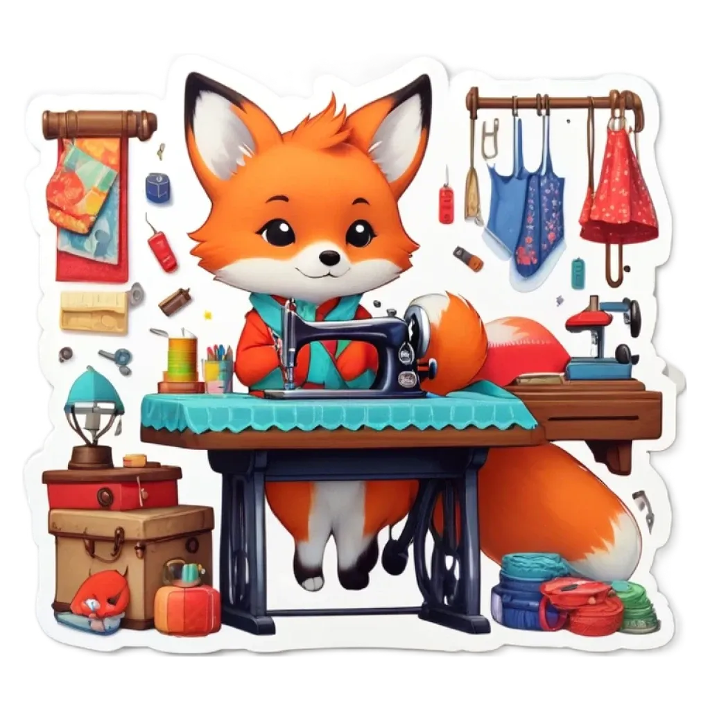 A sticker of a fox sewing that has a bunch of items on it.
