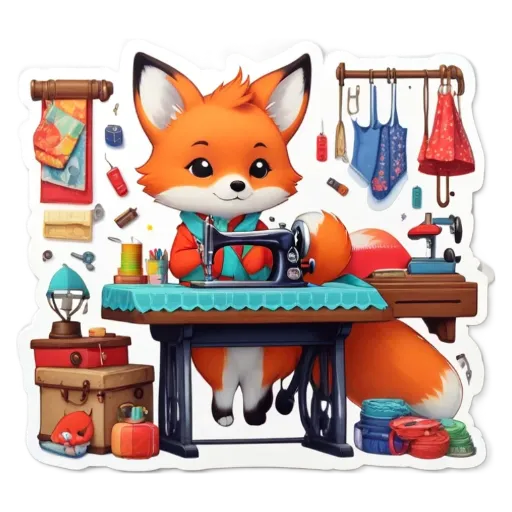 A sticker of a fox sewing that has a bunch of items on it.