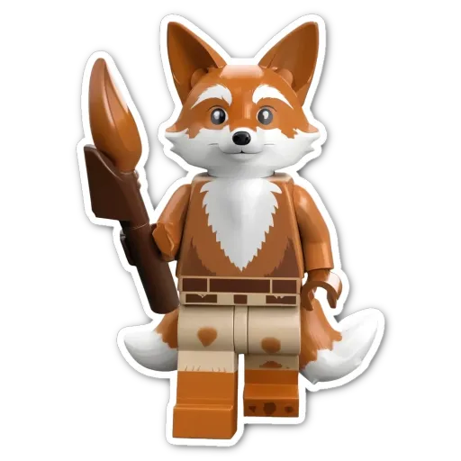 A lego toy that is brown and white with a big stick in his paws.