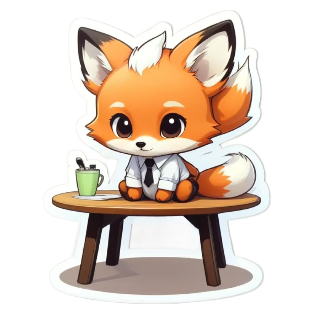 A cartoon image of a fox sitting at a desk with a cup and a pen.