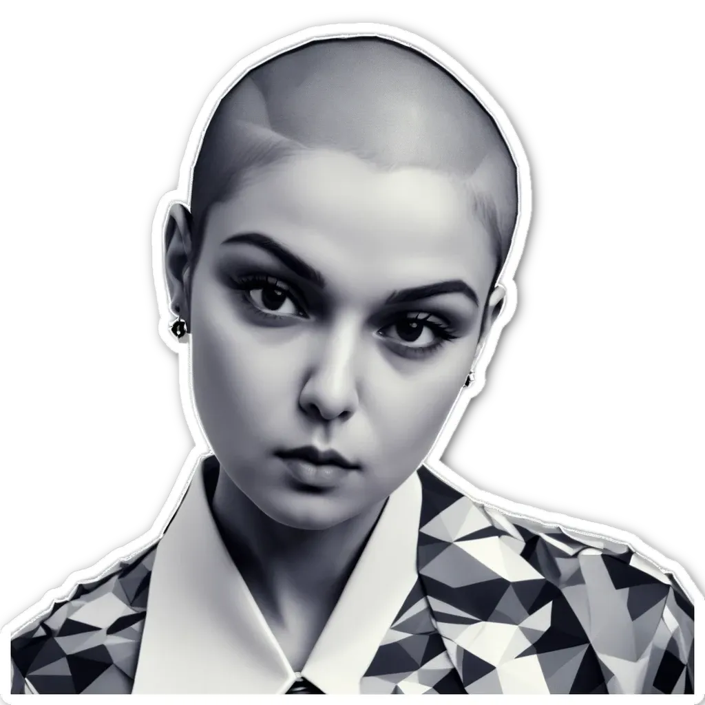 A woman with a geometric shirt and tie sticker.