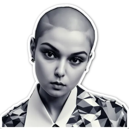 A woman with a geometric shirt and tie sticker.