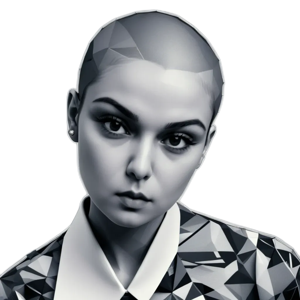 A woman with a geometric shirt and a tie.