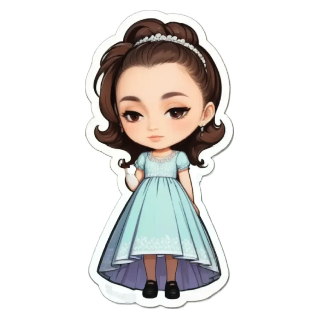 A small girl wearing a blue dress with ruffles adn tassels.