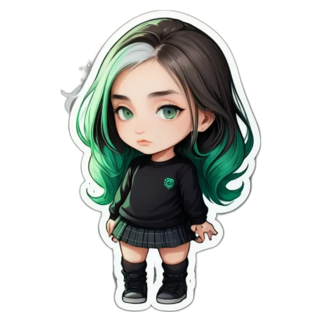 A girl with green eyes and long hair that is cut very short.
