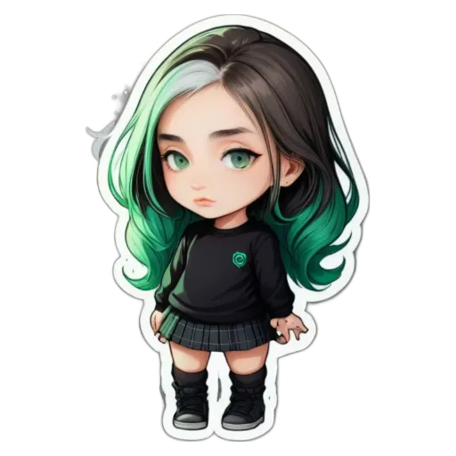 A girl with green eyes and long hair that is cut very short.