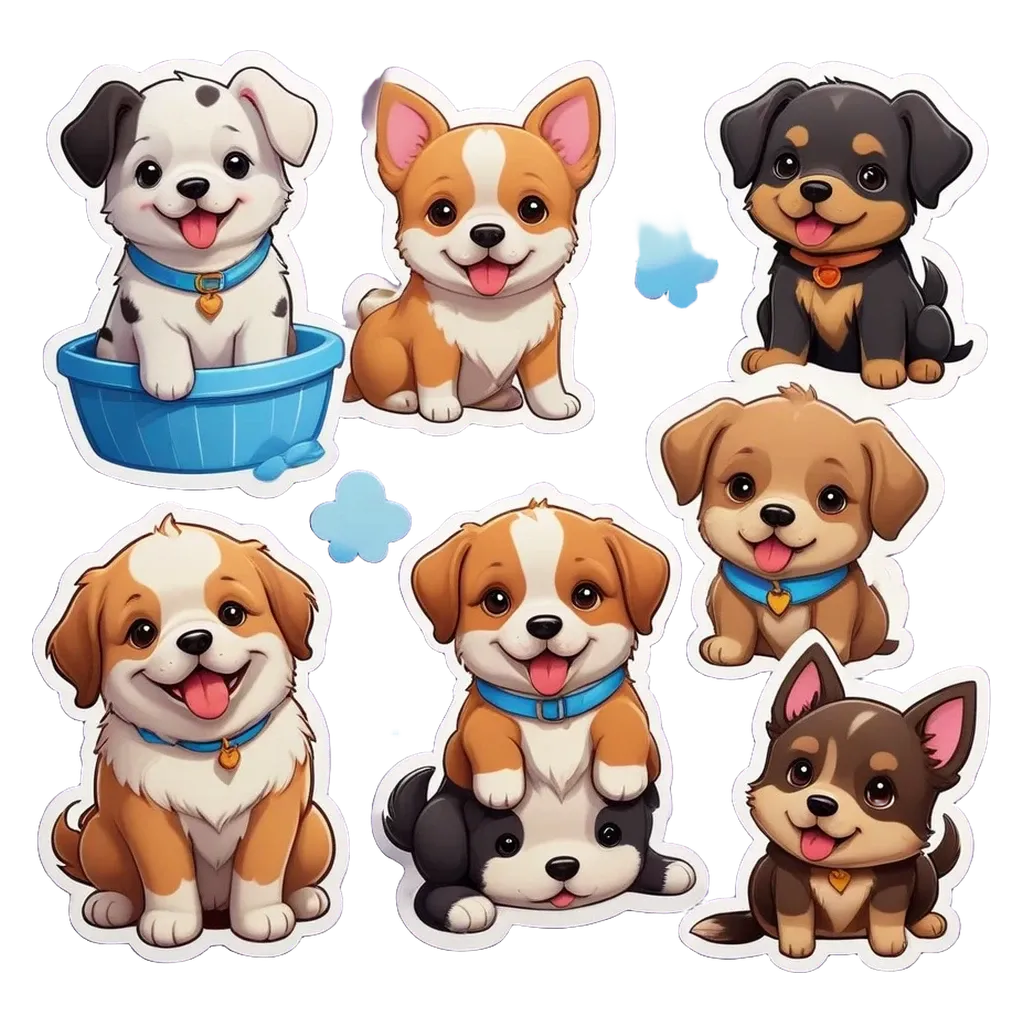 A set of nine cartoon dog stickers are shown with the last one being a black and white dog.