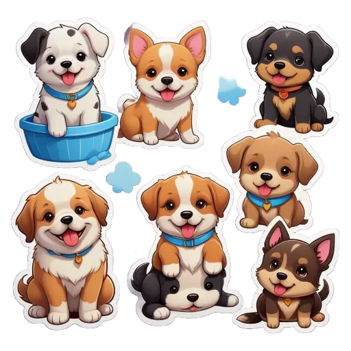 A set of nine cartoon dog stickers are shown with the last one being a black and white dog.