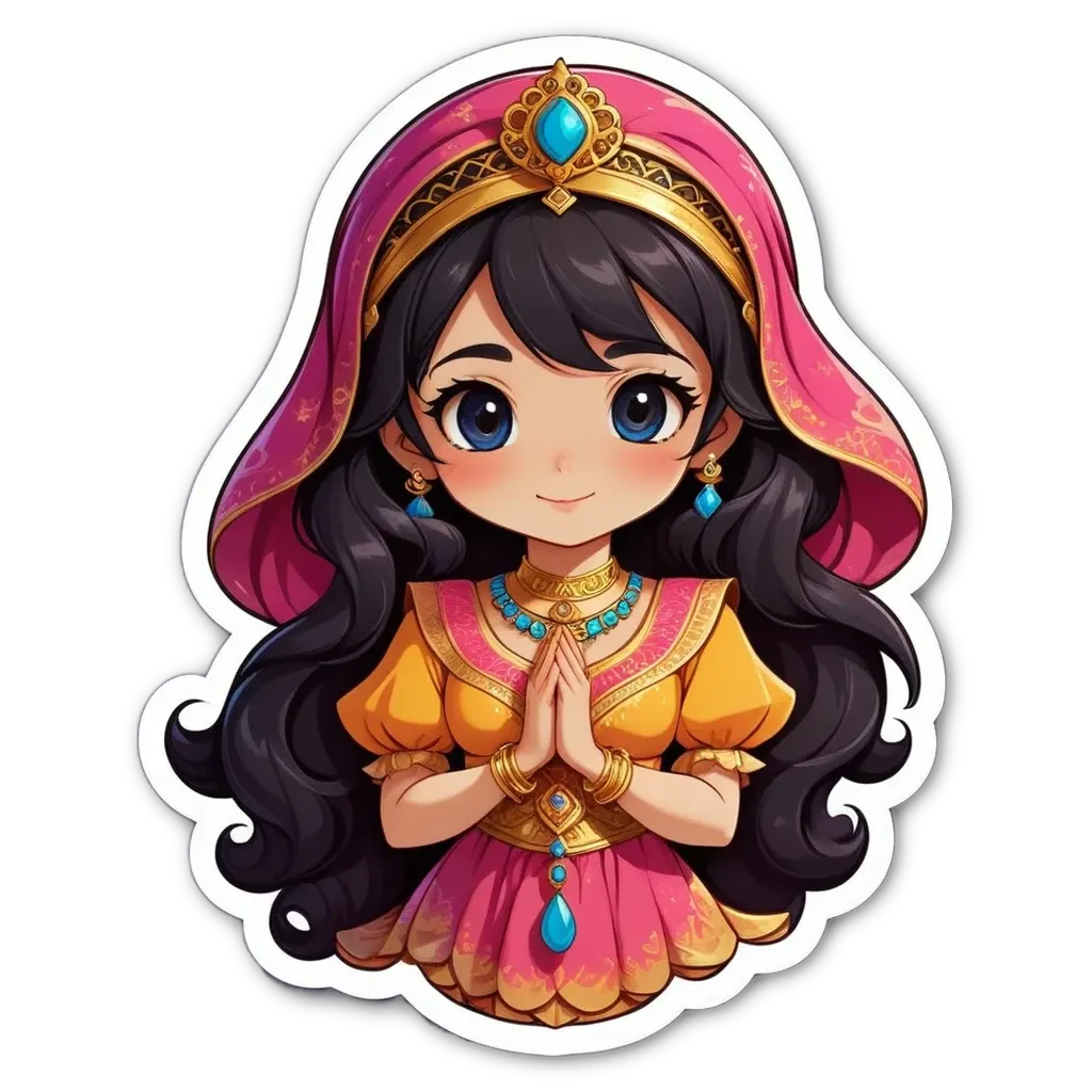 A girl wearing a pink dress with blue eyes is praying.