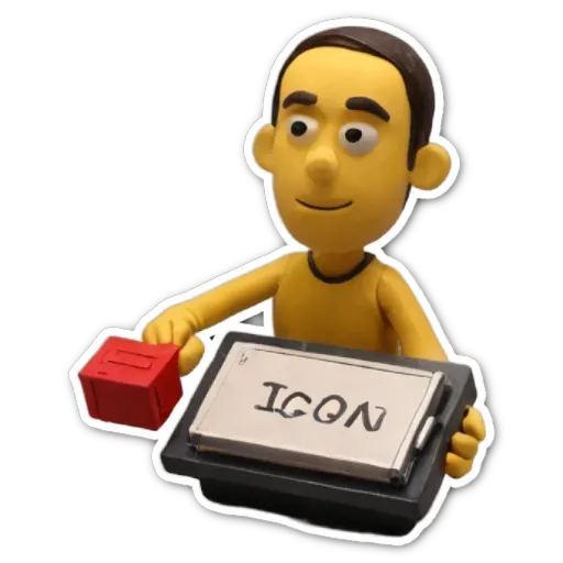 A yellow plastic toy holding a board with the word Icon on it.
