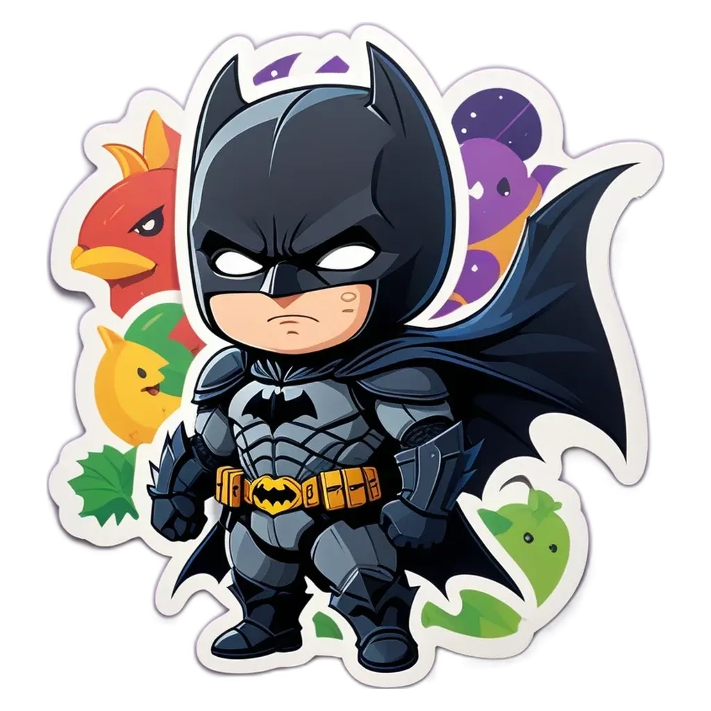 A cartoon image of a bat fighting four small creatures with a black background.