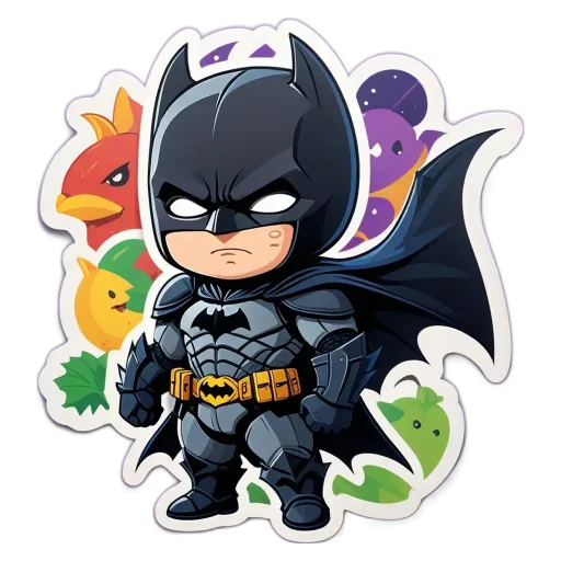 A cartoon image of a bat fighting four small creatures with a black background.